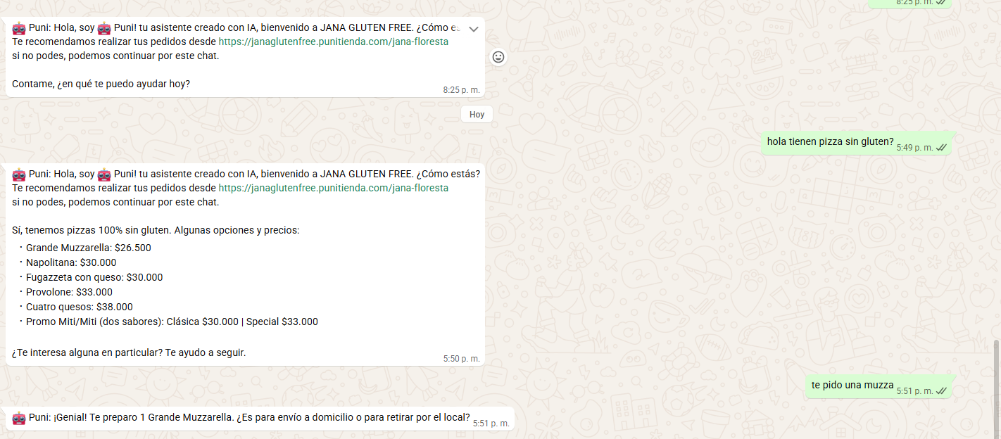 Conversación por WhatsApp con el asistente de Punitienda